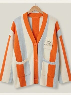 Oversized Orange, Light Blue & Cream Striped Cardigan Sweater